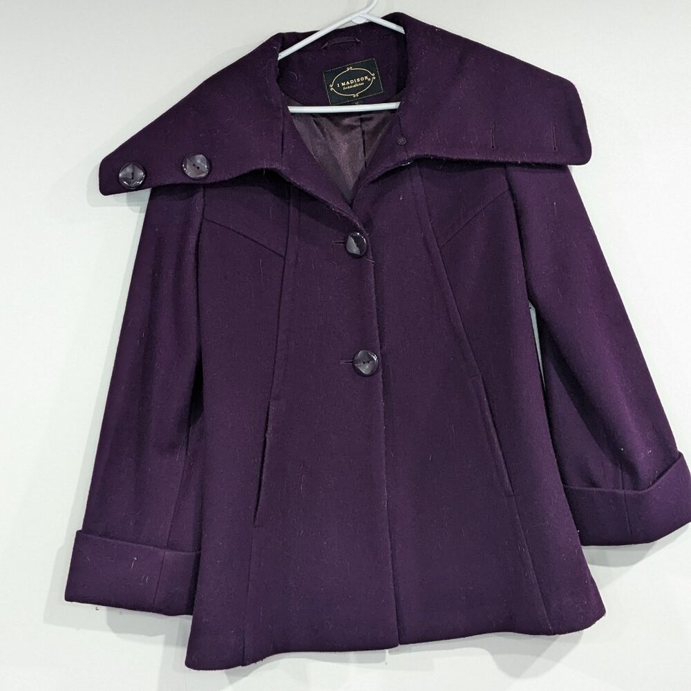 1 Madison Wool Blend Pea Coat with Large Buttons Purple Size 12